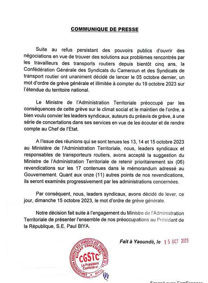 [Communiqué de presse] Atanga Nji désamorce la grève générale des transporteurs routiers du Cameroun prévue le 19 octobre