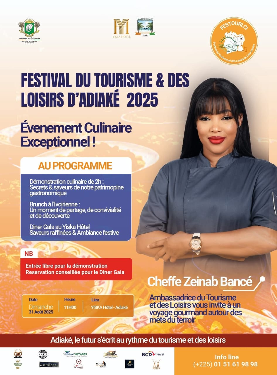 Du 29 au 31 août 2025, la commune balnéaire d’Adiaké vibrera au rythme de la première édition du Festival du tourisme et des loisirs (FESTOURLCI 2025). Pour cette étape, la gastronomie sera mise à l’honneur, avec une programmation riche en découvertes culinaires et en instants de convivialité.