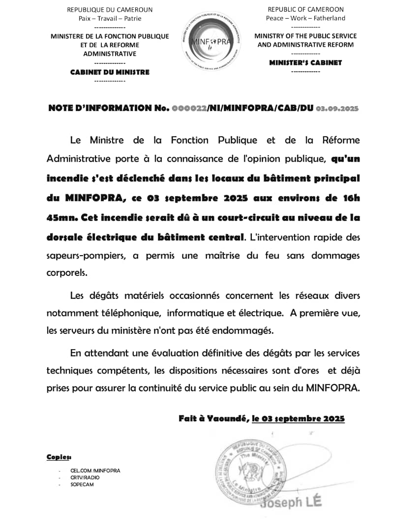 Yaoundé : le bâtiment principal du ministère de la Fonction publique en flamme