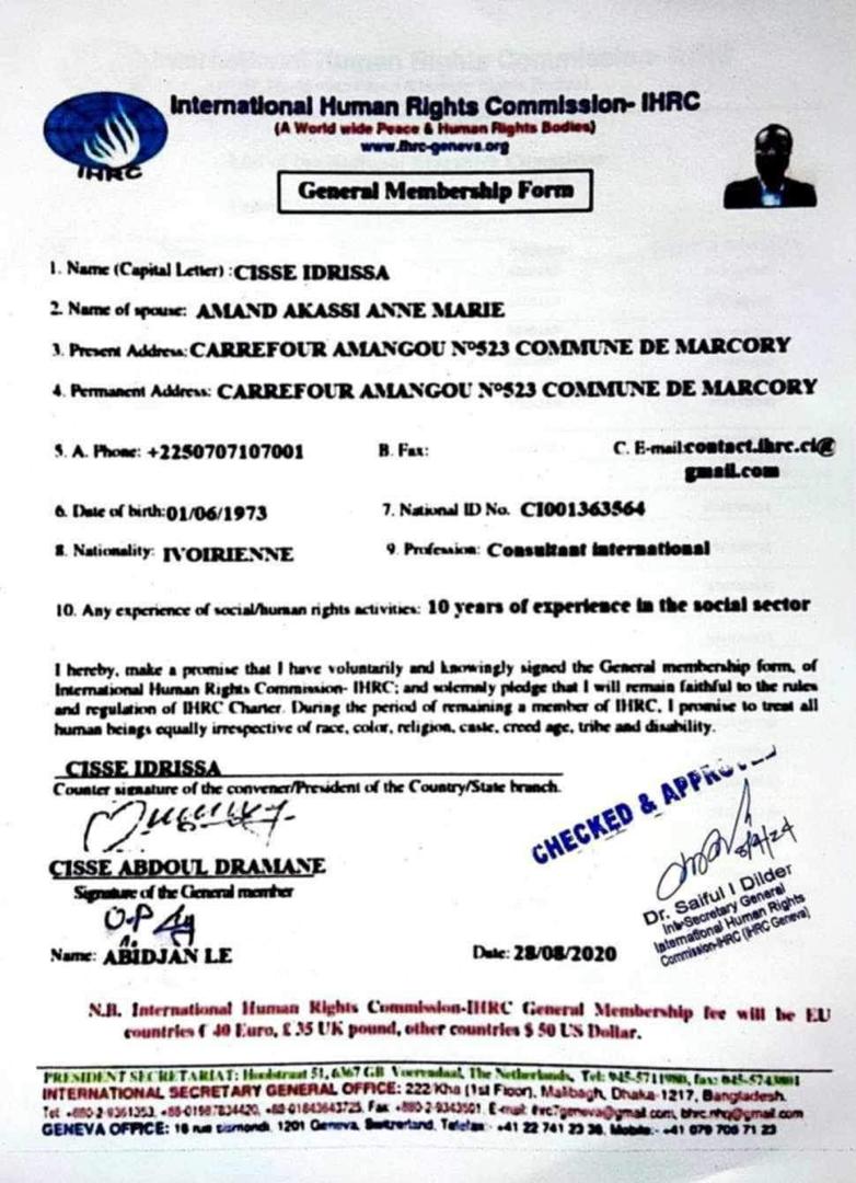Consultant international, membre actif de l’International Human Rights Commission (IHRC) et Ambassadeur de l’UN-PAF en Côte d’Ivoire, il incarne l’engagement d’une vie dédiée à la paix et à la dignité humaine.