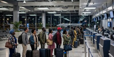 Passagers faisant la queue au comptoir d'enregistrement à l'aéroport de Yaoundé-Nsimalen pour un vol du soir