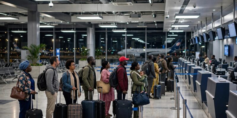 Passagers faisant la queue au comptoir d'enregistrement à l'aéroport de Yaoundé-Nsimalen pour un vol du soir