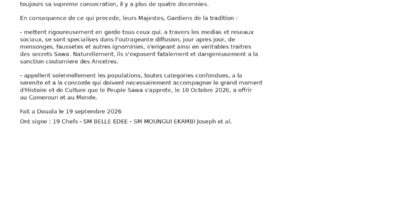 Communiqué des 19 chefs traditionnels du Canton Akwa Bonambela sur le site Mbanya sacre King Akwa Louis Din Dika Akwa