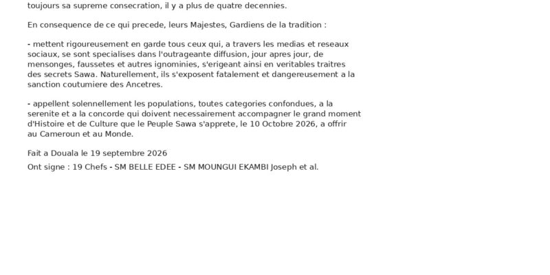 Communiqué des 19 chefs traditionnels du Canton Akwa Bonambela sur le site Mbanya sacre King Akwa Louis Din Dika Akwa