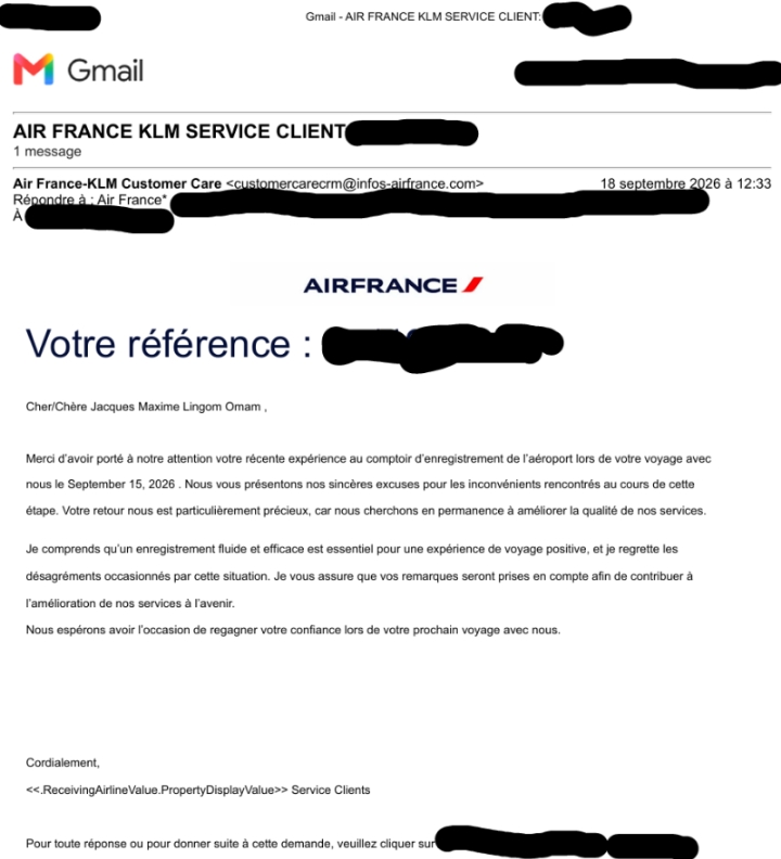 Courriel d'excuses d'Air France reçu le 18 septembre 2026