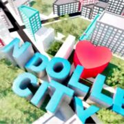 Vue 3D de Ndolle City ville nouvelle au Cameroun avec logo bleu Ndolle City et coeur rouge au centre des immeubles