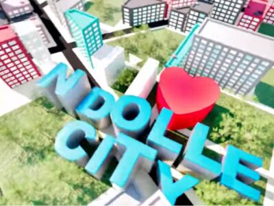 Vue 3D de Ndolle City ville nouvelle au Cameroun avec logo bleu Ndolle City et coeur rouge au centre des immeubles