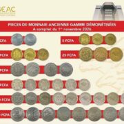 Affiche officielle BEAC listant les pieces de monnaie ancienne gamme demonetisees en zone CEMAC a compter du 1er novembre 2026 - 1 FCFA 5 FCFA 10 FCFA 25 FCFA 50 FCFA 100 FCFA 500 FCFA