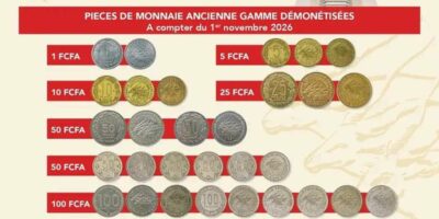 Affiche officielle BEAC listant les pieces de monnaie ancienne gamme demonetisees en zone CEMAC a compter du 1er novembre 2026 - 1 FCFA 5 FCFA 10 FCFA 25 FCFA 50 FCFA 100 FCFA 500 FCFA