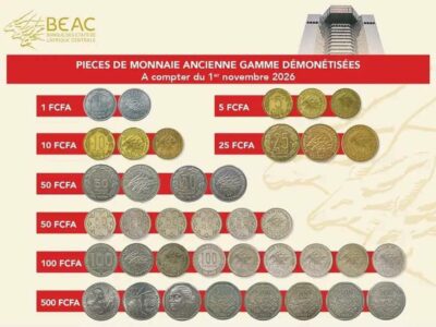 Affiche officielle BEAC listant les pieces de monnaie ancienne gamme demonetisees en zone CEMAC a compter du 1er novembre 2026 - 1 FCFA 5 FCFA 10 FCFA 25 FCFA 50 FCFA 100 FCFA 500 FCFA