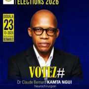 Affiche de campagne du Dr Claude Bernard Kamta Ngui, neurochirurgien, candidat au poste de Président de l'Assemblée Générale de l'ONMC, élections du 23 octobre 2026 à l'hôtel La Falaise Bonanjo Douala