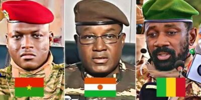 Les trois chefs d'Etat de l'Alliance des Etats du Sahel AES - Capitaine Ibrahim Traoré du Burkina Faso, Général Abdourahamane Tiani du Niger et Colonel Assimi Goïta du Mali, illustration de l'analyse sur les incohérences stratégiques AES