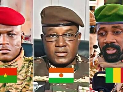 Les trois chefs d'Etat de l'Alliance des Etats du Sahel AES - Capitaine Ibrahim Traoré du Burkina Faso, Général Abdourahamane Tiani du Niger et Colonel Assimi Goïta du Mali, illustration de l'analyse sur les incohérences stratégiques AES