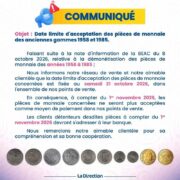 Communiqué Supermarchés Santa Lucia date limite acceptation pièces ancienne gamme 1958 1985 BEAC 31 octobre 2026
