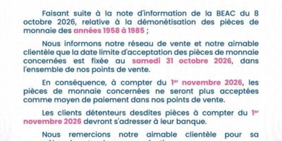 Communiqué Supermarchés Santa Lucia date limite acceptation pièces ancienne gamme 1958 1985 BEAC 31 octobre 2026