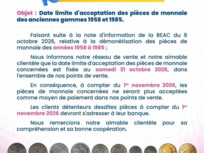 Communiqué Supermarchés Santa Lucia date limite acceptation pièces ancienne gamme 1958 1985 BEAC 31 octobre 2026